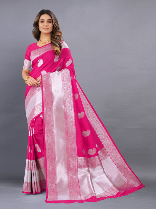 Pink Color Women's Soft Kanjeevaram Silk Saree with Silver Zari Woven and Beautiful Rich Pallu Design & Jacquard Work Saree With Unstiched Blouse Piece.