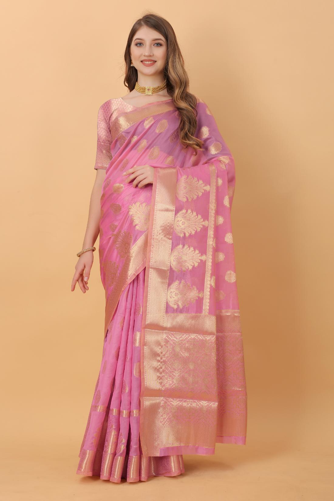 Pink Color Women’s Rich Golden Zari Woven Soft Organza Silk Saree with Unstitched Blouse Piece