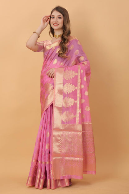 Pink Color Women’s Rich Golden Zari Woven Soft Organza Silk Saree with Unstitched Blouse Piece