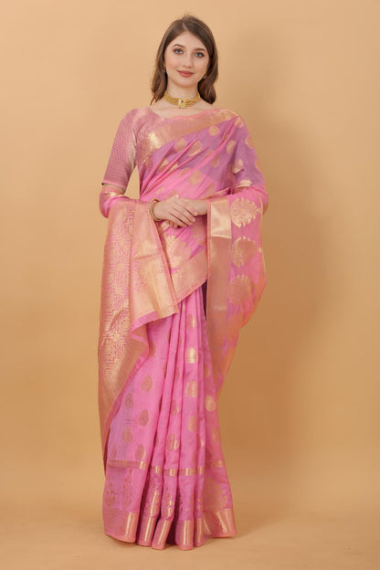 Pink Color Women’s Rich Golden Zari Woven Soft Organza Silk Saree with Unstitched Blouse Piece