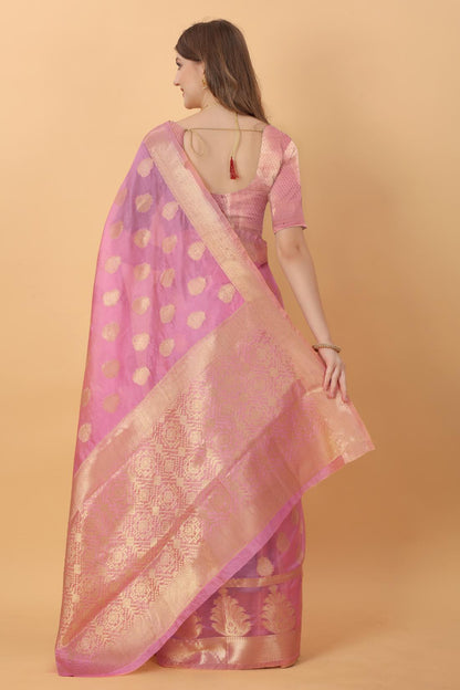 Pink Color Women’s Rich Golden Zari Woven Soft Organza Silk Saree with Unstitched Blouse Piece