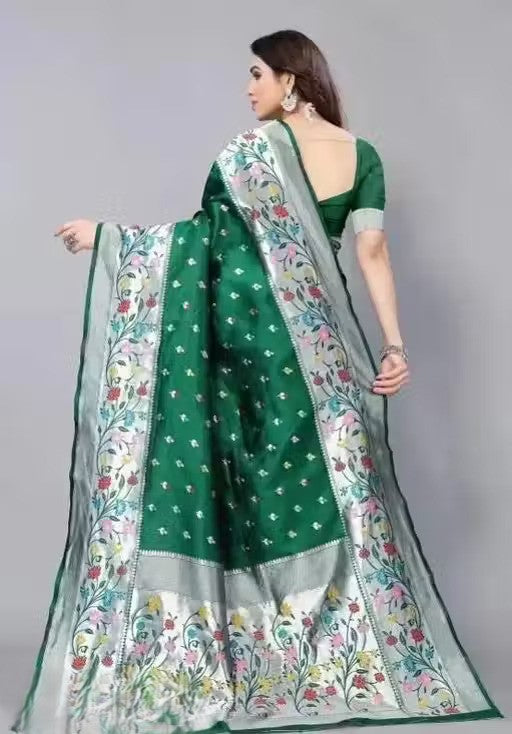 KeKoVi Black Floral Soft Silk Saree with Silver Woven Border & Unstitched Blouse | Party Wear | Wedding & Festive Saree