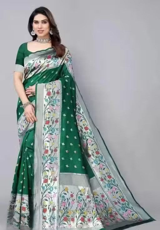 KeKoVi Black Floral Soft Silk Saree with Silver Woven Border & Unstitched Blouse | Party Wear | Wedding & Festive Saree