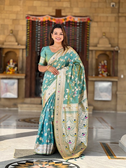 Festive Banarasi Silk Saree With Intricate Tassels & Blouse