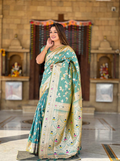 Festive Banarasi Silk Saree With Intricate Tassels & Blouse