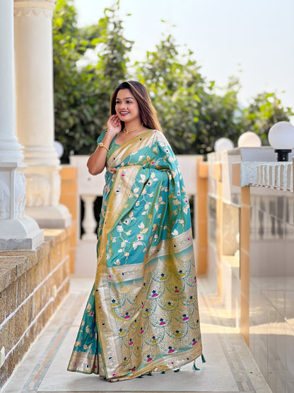 Festive Banarasi Silk Saree With Intricate Tassels & Blouse