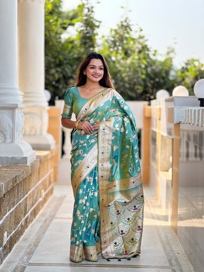 Festive Banarasi Silk Saree With Intricate Tassels & Blouse