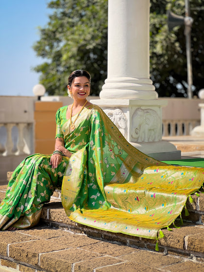 Soft And Silk Fit Parrot Green Color Banarasi Silk Saree With Blouse