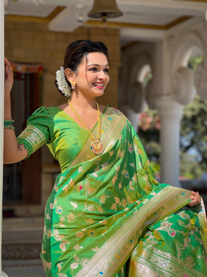 Soft And Silk Fit Parrot Green Color Banarasi Silk Saree With Blouse