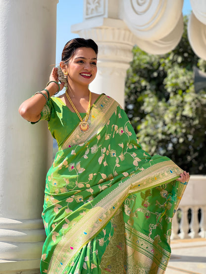 Soft And Silk Fit Parrot Green Color Banarasi Silk Saree With Blouse