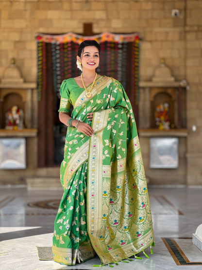 Soft And Silk Fit Parrot Green Color Banarasi Silk Saree With Blouse