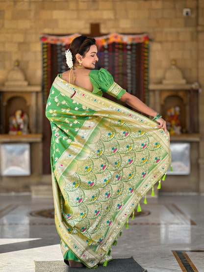 Soft And Silk Fit Parrot Green Color Banarasi Silk Saree With Blouse