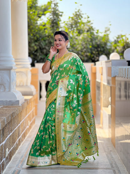 Soft And Silk Fit Parrot Green Color Banarasi Silk Saree With Blouse