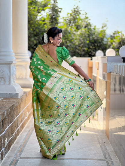 Soft And Silk Fit Parrot Green Color Banarasi Silk Saree With Blouse