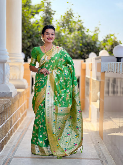 Soft And Silk Fit Parrot Green Color Banarasi Silk Saree With Blouse