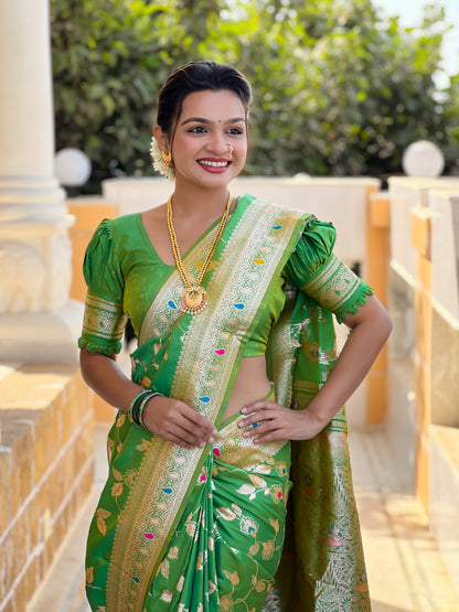 Soft And Silk Fit Parrot Green Color Banarasi Silk Saree With Blouse