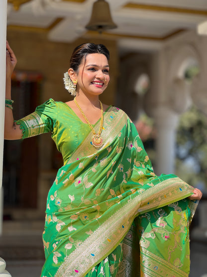 Soft And Silk Fit Parrot Green Color Banarasi Silk Saree With Blouse