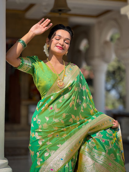 Soft And Silk Fit Parrot Green Color Banarasi Silk Saree With Blouse