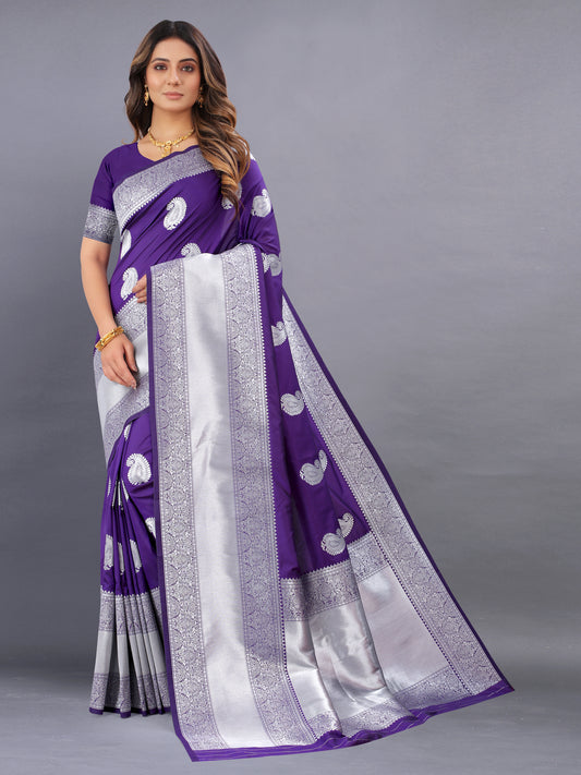 Purple Color Women's Soft Kanjeevaram Silk Saree with Silver Zari Woven and Beautiful Rich Pallu Design & Jacquard Work Saree With Unstiched Blouse Piece.