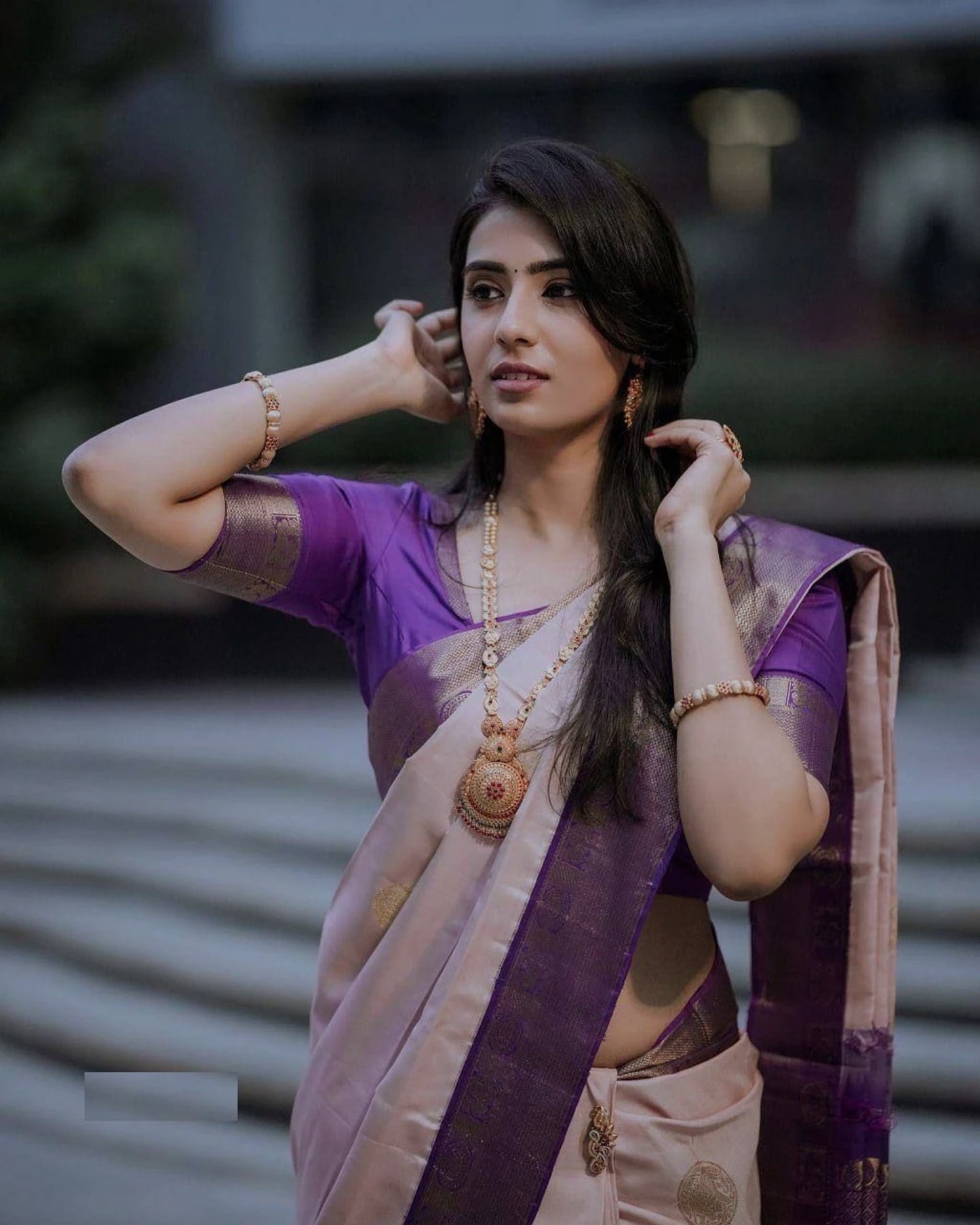 Elegant Off White & Purple Banarasi Silk Saree with Rich Zari Border and Contrast Blouse