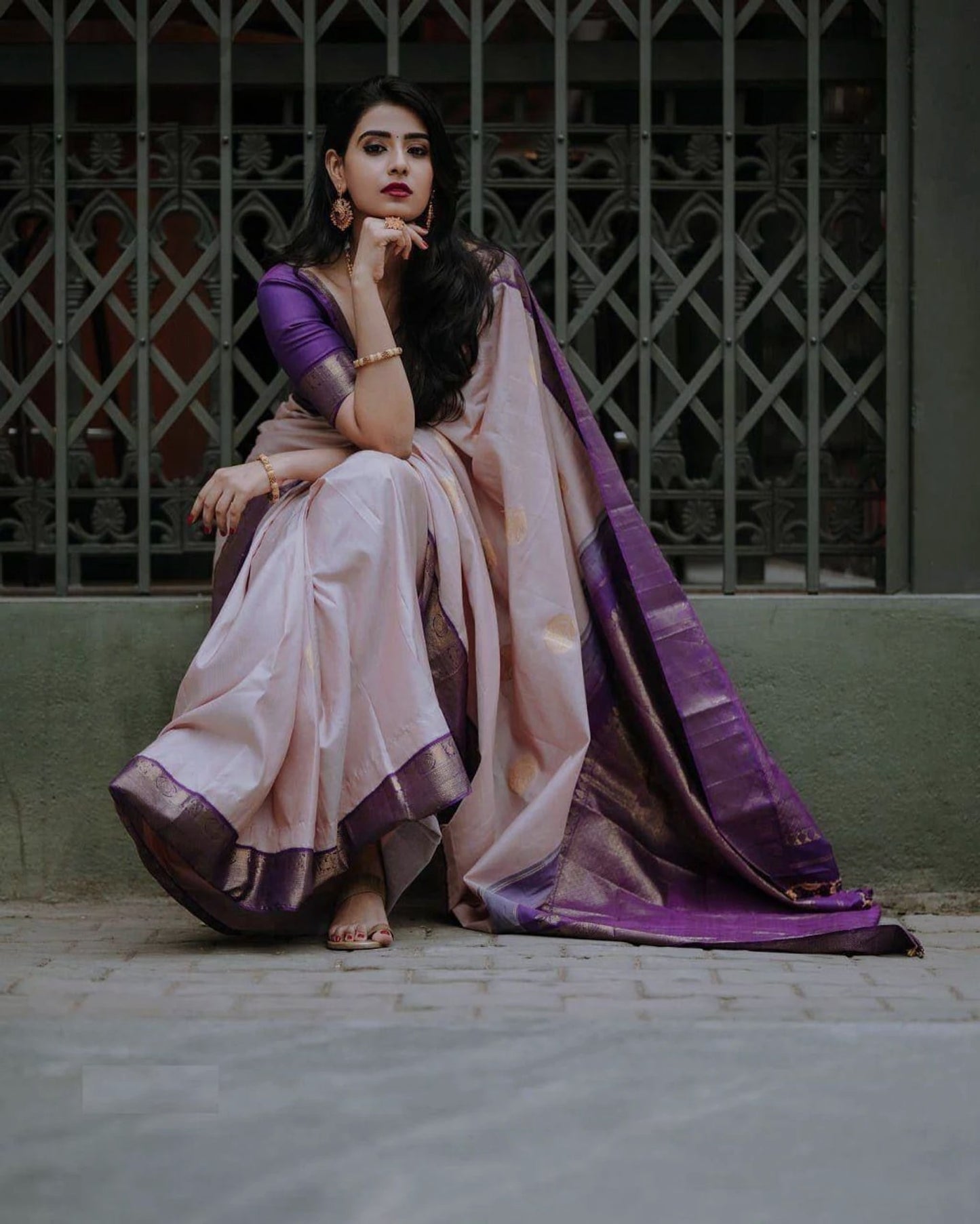 Elegant Off White & Purple Banarasi Silk Saree with Rich Zari Border and Contrast Blouse