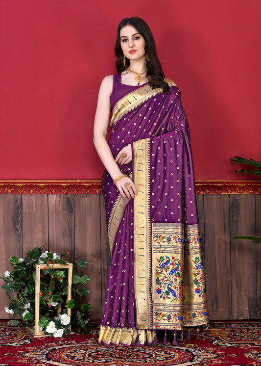 Soft Paithani Silk Saree with Gold Zari Weaving Motifs