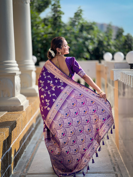 Soft Banarasi Silk Saree With Minakari Zari, Rich Pallu With Tassels