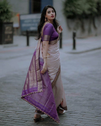Elegant Off White & Purple Banarasi Silk Saree with Rich Zari Border and Contrast Blouse