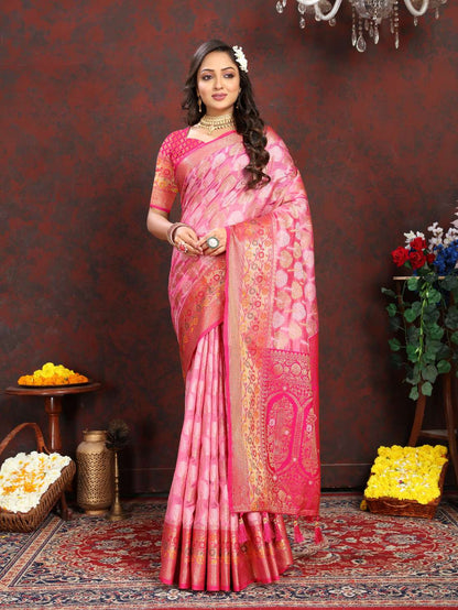 Light Pink & Red Color Women’s Zari Woven Designer Soft Organza Silk Saree and Rich Pallu Weawing Unstitched Blouse With Blouse Piece.