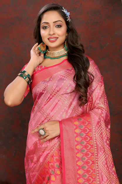 Pink & Red Color Women’s Zari Woven Designer Soft Organza Silk Saree and Rich Pallu Weawing Unstitched Blouse With Blouse Piece.