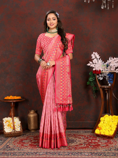 Pink & Red Color Women’s Zari Woven Designer Soft Organza Silk Saree and Rich Pallu Weawing Unstitched Blouse With Blouse Piece.