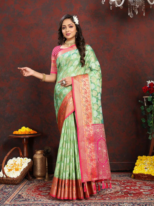 Light Green & Pink Color Women’s Zari Woven Designer Soft Organza Silk Saree and Rich Pallu Weawing Unstitched Blouse With Blouse Piece.