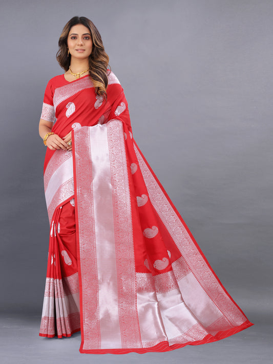 Red Color Women's Soft Kanjeevaram Silk Saree with Silver Zari Woven and Beautiful Rich Pallu Design & Jacquard Work Saree With Unstiched Blouse Piece.