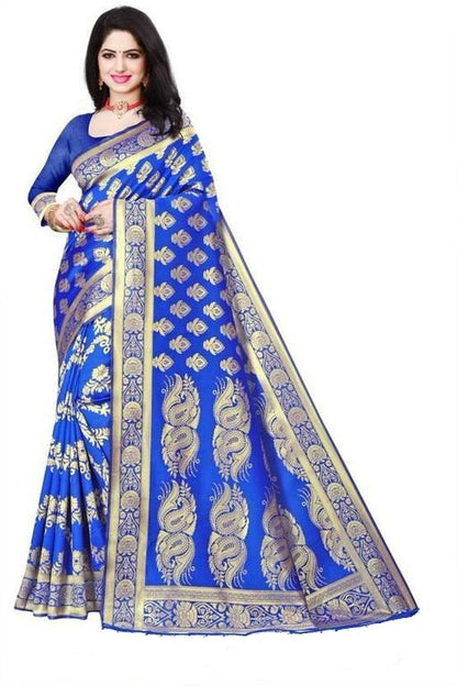 KeKoVi Women's Bottle Green Banarasi Silk Blend Saree with Rich Golden Zari Woven Buti & Traditional Border
