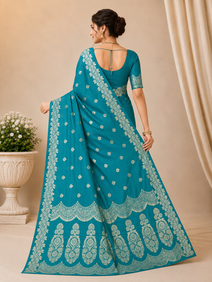 Royal Blue Banarasi Silk Saree with Silver Zari Woven Border & Rich Pallu | Wedding & Festive Wear