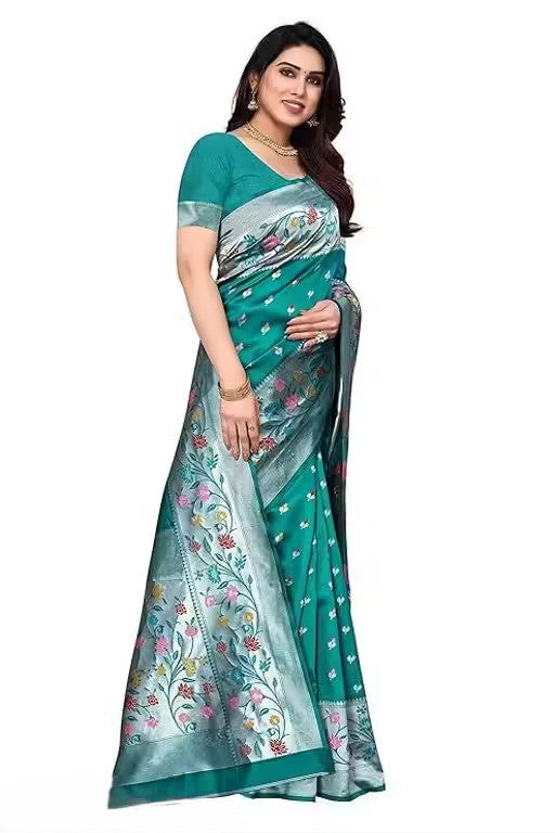 KeKoVi Black Floral Soft Silk Saree with Silver Woven Border & Unstitched Blouse | Party Wear | Wedding & Festive Saree