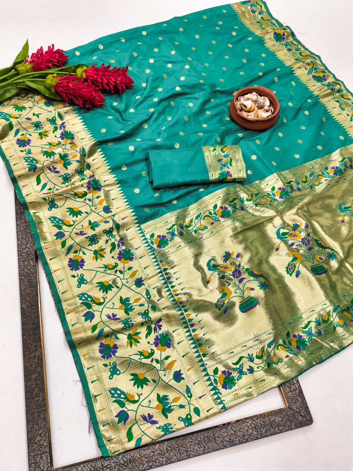 Rama Green Paithani Style Silk Saree with Floral Zari Border & Unstitched Blouse