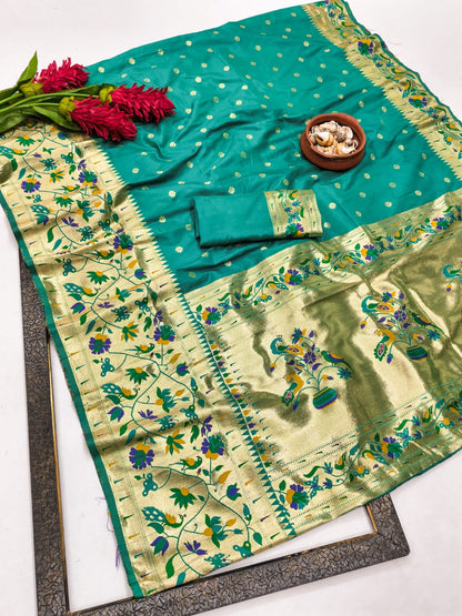 Rama Green Paithani Style Silk Saree with Floral Zari Border & Unstitched Blouse