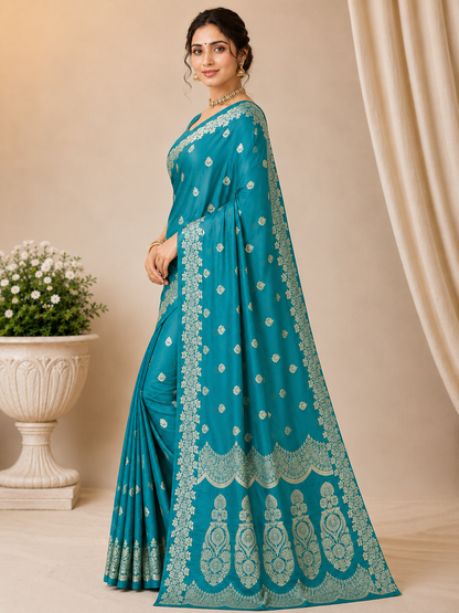 Royal Blue Banarasi Silk Saree with Silver Zari Woven Border & Rich Pallu | Wedding & Festive Wear