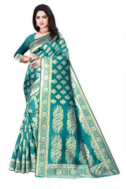 KeKoVi Women's Bottle Green Banarasi Silk Blend Saree with Rich Golden Zari Woven Buti & Traditional Border
