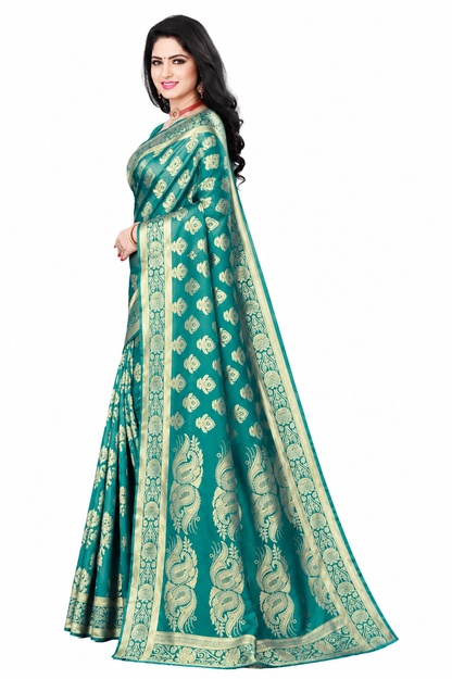 KeKoVi Women's Bottle Green Banarasi Silk Blend Saree with Rich Golden Zari Woven Buti & Traditional Border