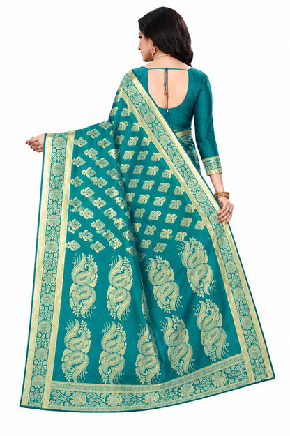 KeKoVi Women's Bottle Green Banarasi Silk Blend Saree with Rich Golden Zari Woven Buti & Traditional Border