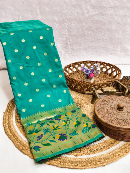 Rama Green Paithani Style Silk Saree with Floral Zari Border & Unstitched Blouse