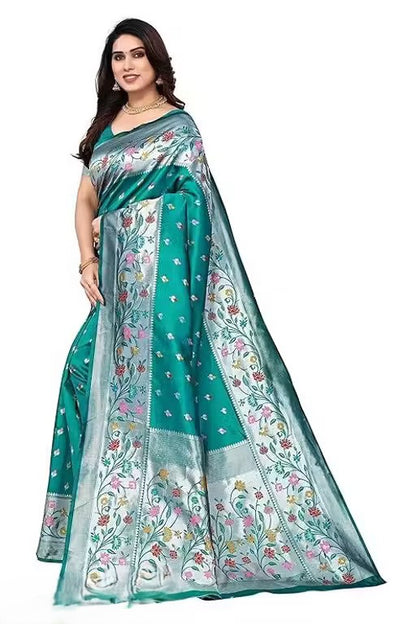 KeKoVi Black Floral Soft Silk Saree with Silver Woven Border & Unstitched Blouse | Party Wear | Wedding & Festive Saree