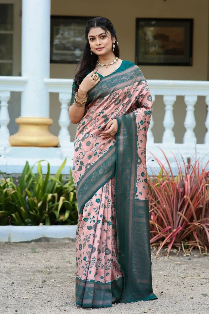 KeKoVi Olive Green Banarasi Silk Saree with Rich Zari Floral Weaving & Unstitched Blouse | Festive, Wedding & Party Wear