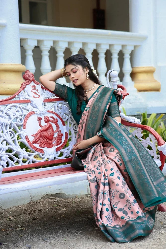 KeKoVi Olive Green Banarasi Silk Saree with Rich Zari Floral Weaving & Unstitched Blouse | Festive, Wedding & Party Wear