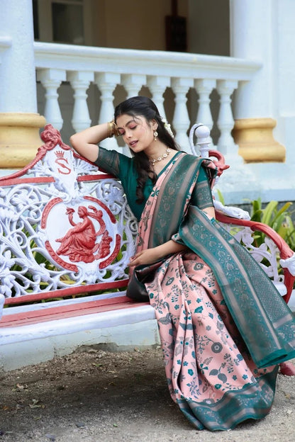 KeKoVi Olive Green Banarasi Silk Saree with Rich Zari Floral Weaving & Unstitched Blouse | Festive, Wedding & Party Wear