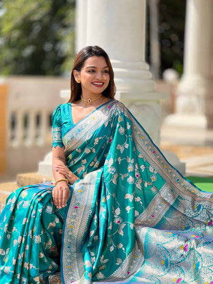 Attractive Blue Soft Banarasi Silk Saree With Lovely Blouse Piece