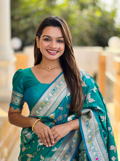 Attractive Blue Soft Banarasi Silk Saree With Lovely Blouse Piece