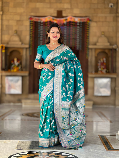 Attractive Blue Soft Banarasi Silk Saree With Lovely Blouse Piece